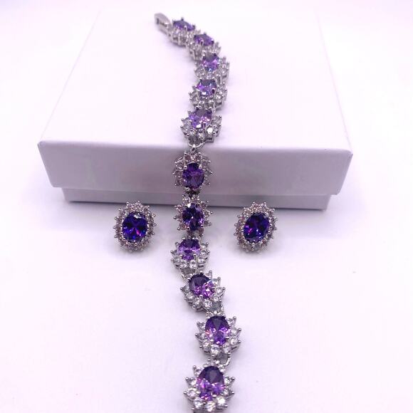 High Quality Rhodium and Silver Plated Bracelet and Studs Earrings-Lab Amethyst - Picture 4 of 6